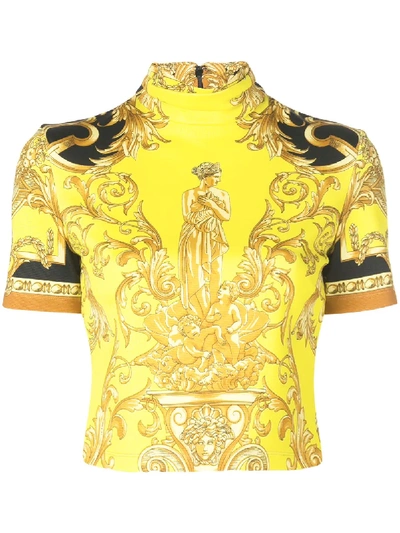 Versace Barocco Print Cropped T-shirt In Gelb