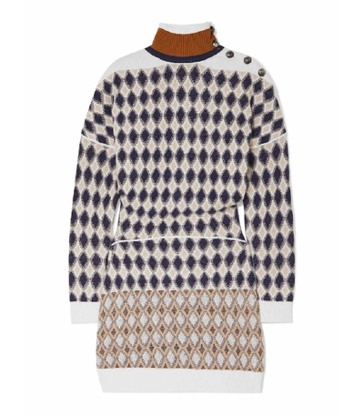 Chloé Fair Isle Turtleneck Sweater Dress In White/multi