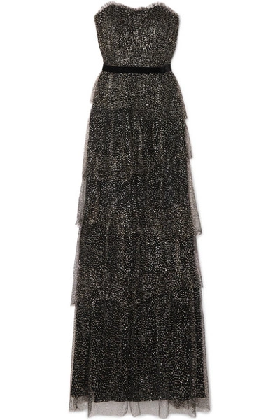 Marchesa Notte Strapless Tiered Velvet-trimmed Glittered Tulle Gown In Black