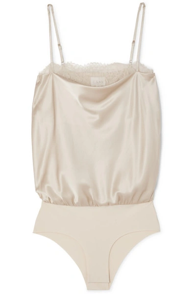 Cami Nyc The Romy Lace-trimmed Stretch-silk Charmeuse And Jersey Bodysuit In Beige