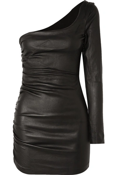 Sprwmn One-sleeve Ruched Leather Mini Dress In Black | ModeSens