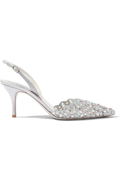 René Caovilla Macre Crystal-embellished Lace And Leather Slingback Pumps In Silver