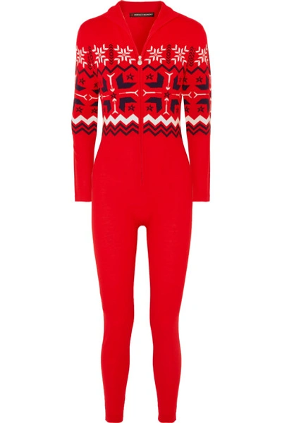 Perfect Moment High-neck Fairisle-pattern Knitted Ski Suit In Red