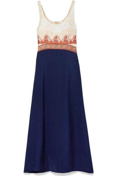 Chloé Paneled Embroidered Tulle, Jacquard, Chiffon And Satin Midi Dress In Blue
