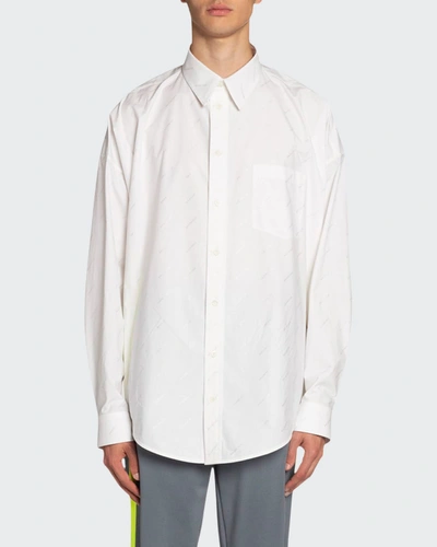 Balenciaga Men's Logo Poplin Cocoon Sport Shirt In White