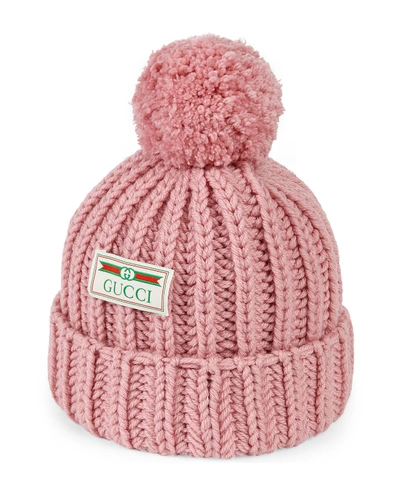 Gucci Knit Wool Pompom Beanie Hat W/ Logo Patch In Blush