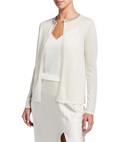 Neiman Marcus Super Fine Crystal Trim Long-sleeve Open Shrug In Winter White