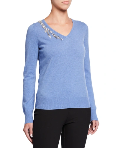 Neiman Marcus Cashmere Embellished V-neck Sweater In Forget Me Not