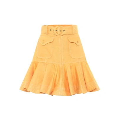 Zimmermann Topstitched Flounced-hem Linen-poplin Skirt In Orange