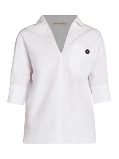 Marni Collared Poplin V-neck Polo Shirt In Linen White