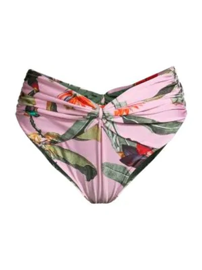Patbo Mid-rise Tropical Print Ruched Bikini Bottoms In Pop Pink