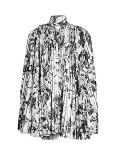 Balenciaga Pleated Print Satin Cape Mini Dress In Black