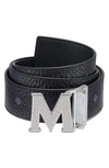 Mcm Claus Reversible Leather & Coated Canvas Belt In Black