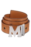 Mcm Visetos Engraved Logo Buckle Reversible Belt In Cognac
