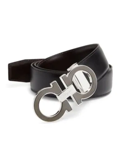 Ferragamo Leather Double Gancini Buckle Belt Set In Black