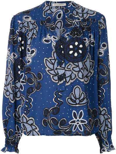 Martha Medeiros Gathered Cuffs Flower Print Blouse In Blue