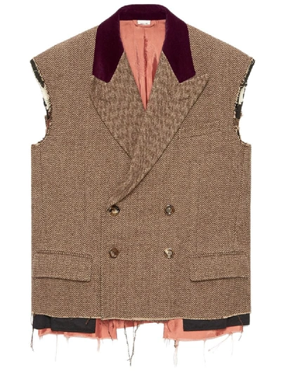 Gucci Herringbone Sleeveless Jacket In Brown