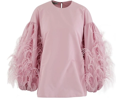 Valentino Feather-trim Cotton-blend Faille Blouse In Pink