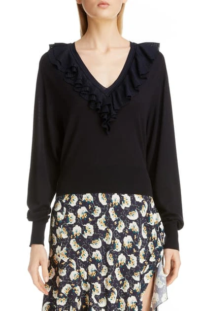 Chloé Ruffle V-neck Merino Wool Sweater In Blue