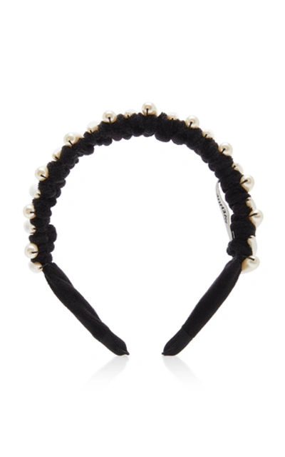 Avenue Madison Alice Faux Pearl-embellished Velvet Headband In Black