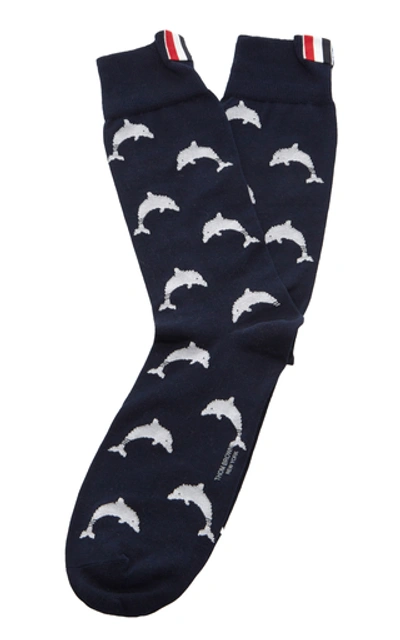 Thom Browne Mid-calf Intarsia Cotton-blend Socks In Navy
