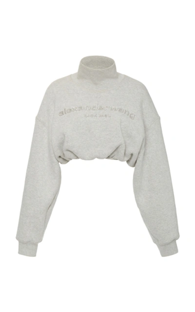 Alexander Wang Embroidered Cropped Cotton Mock-neck Sweatshirt In Light Grey