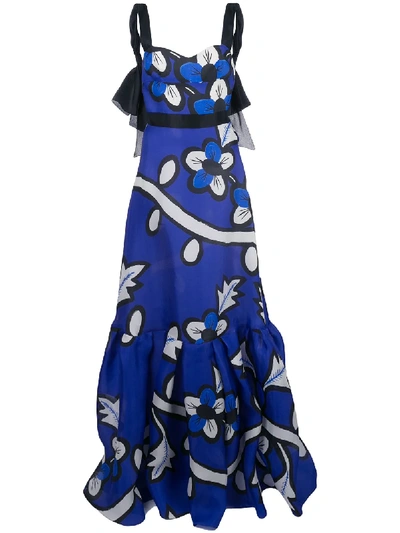 Carolina Herrera Floral Print A-line Gown In Blue