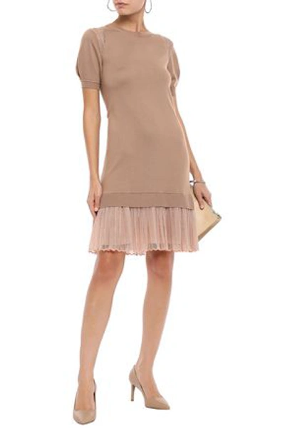Adeam Woman Pleated Two-tone Corded Lace-paneled Stretch-knit Dress Sand