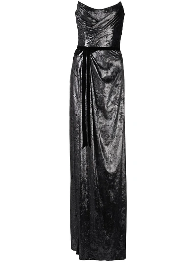 Marchesa Notte Metallic Strapless Split-front Gown In Silver