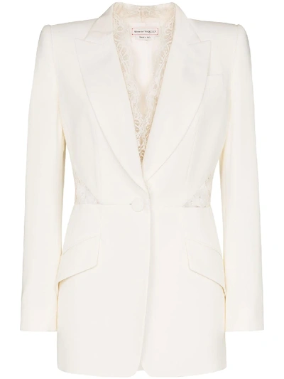 Alexander Mcqueen Lace-inset Single-breasted Wool-blend Crepe Jacket In Light Ivory