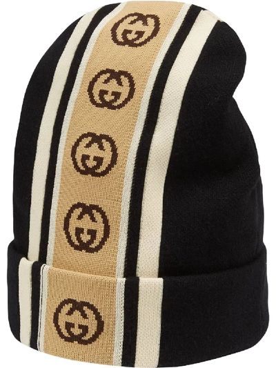 Gucci Brown Stripe Logo Knit Beanie In Black