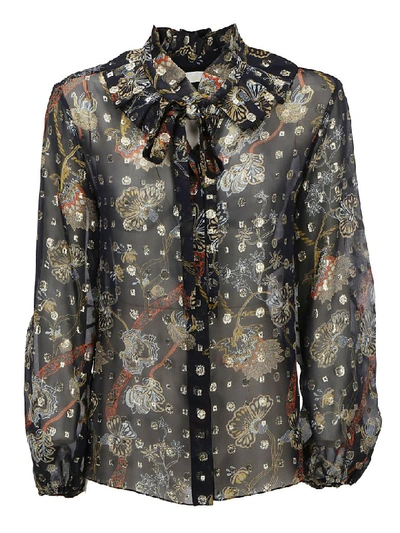 Chloé Georgette Shirt Woth Embroideries And Print In Blu