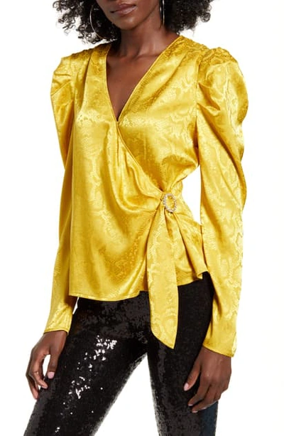 Wayf Gigi Puff Sleeve Wrap Top In Yellow Snake Jacquard