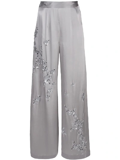 Josie Natori Couture Beaded Wide Leg Trousers In Silver