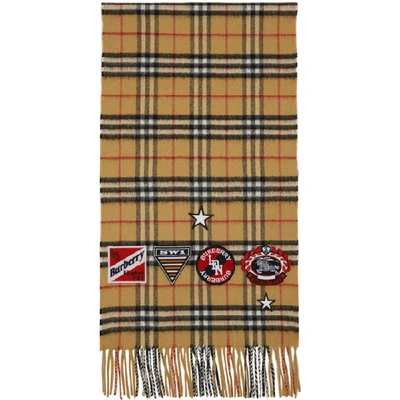 Burberry Vintage Check Scarf With Crests In Beige,black,red