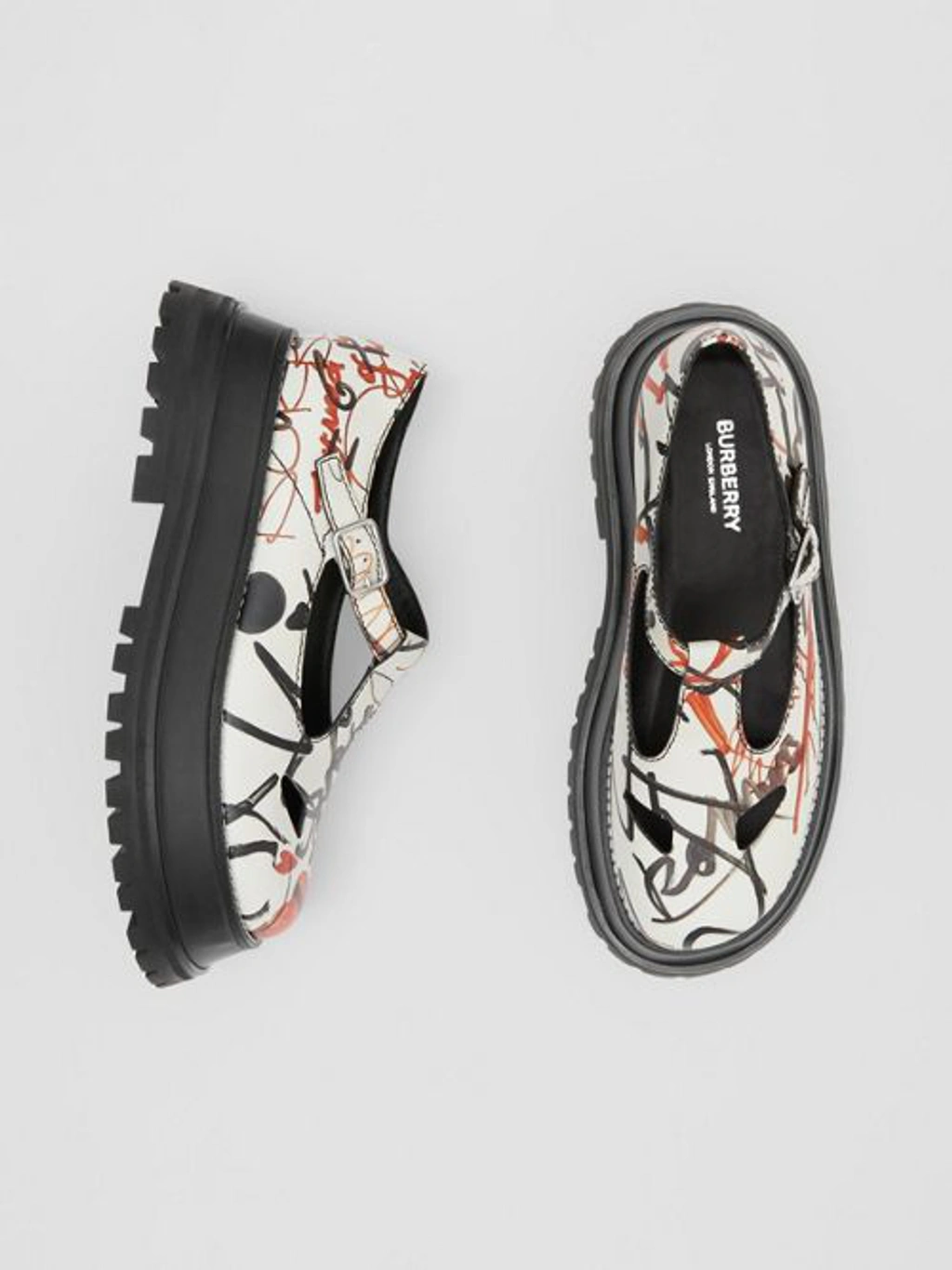 Burberry Graffiti Print Leather T-bar Shoes In Nude Graffiti