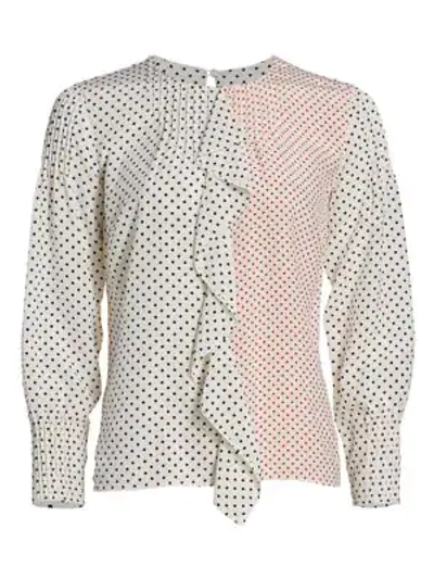 Akris Punto Two-tone Polka Dot Ruffle Silk Blouse In Cream Black Red