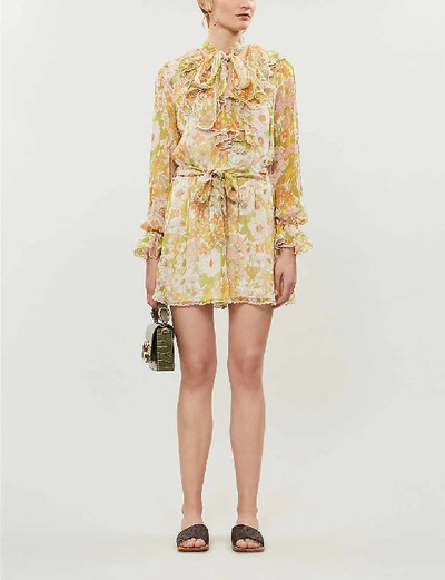Zimmermann Super Eight Tied-neck Floral-print Silk-crepe Playsuit In Pink Meadow