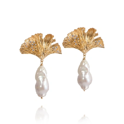 Apples & Figs 24k Vermeil Ginkgo Leaf & Baroque Pearl Earrings