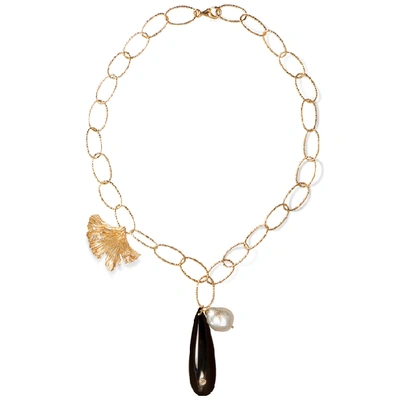 Apples & Figs Sea Shore Obsidian Baroque Pearl & Ginkgo Gold Leaf Necklace