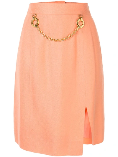 Pre-owned Celine Chain Embellished Straight Skirt In Orange