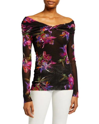Fuzzi Floral Off-the-shoulder Long-sleeve Tulle Mesh Top In Black