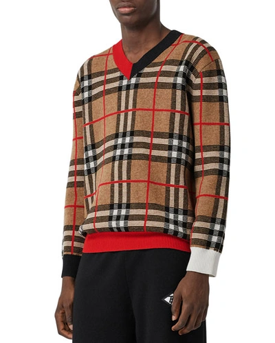 Burberry Duggan Check V-neck Sweater In Beige