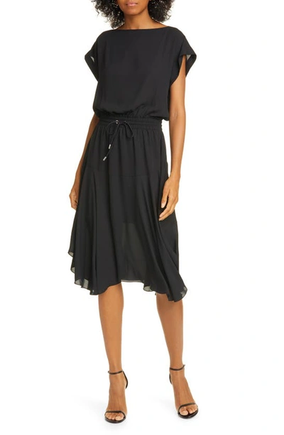 Atm Anthony Thomas Melillo Boat-neck Georgette Drawstring-waist Dress In Black