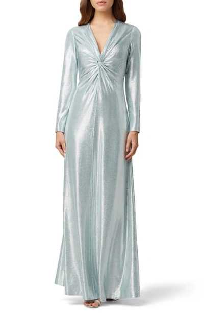 Tahari Long Sleeve Twist Metallic Gown In Silver Powder