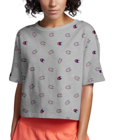 Champion Cotton Logo-print Cropped T-shirt In Tossed C Logo Oxford Grey