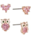 Betsey Johnson Rose Gold-tone 2-pc. Set Crystal Owl & Heart Stud Earrings In Pink