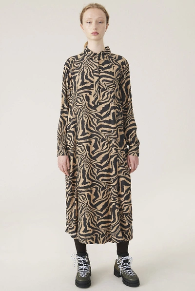 Ganni Zebra Print Crepe Dress Colour: Brown In Black