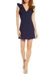 French Connection Whisper Ruffled V-neck Mini Dress In Duchess Blue