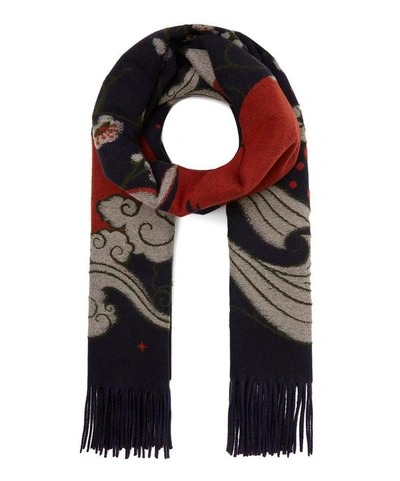 Liberty London Japanese Landscape 70 X 180cm Wool Jacquard Shawl In Navy